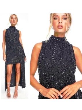New ASOS Design Black Beaded High-Low Gown Mock-neck Sleeveless 10